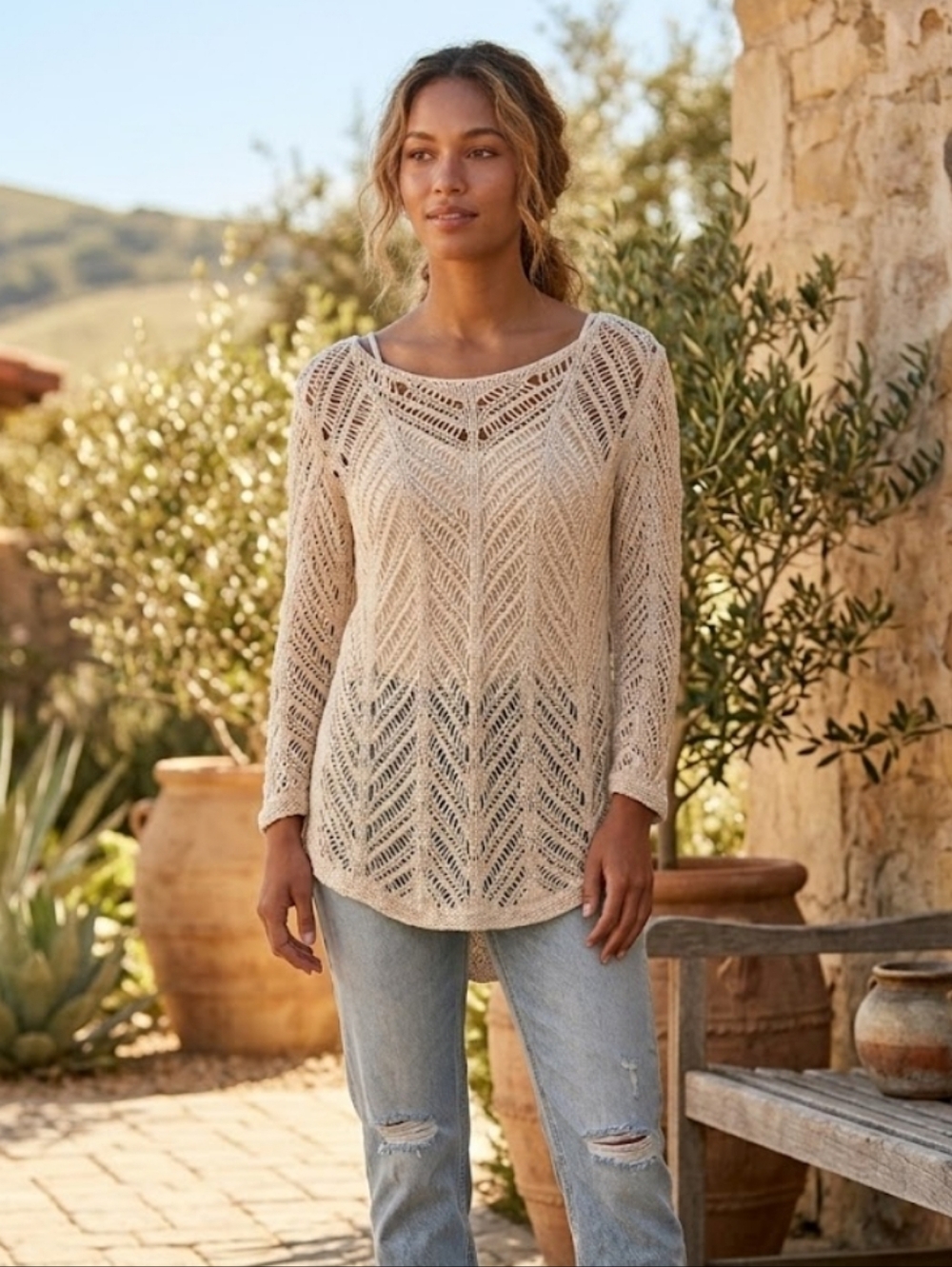 NWT J. Jill Beige Open-Knit Crochet Sweater Medium